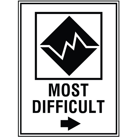 B155 18 x 24, Black Diamond Mountain Bike Trail Sign, Most Difficult with Arrow, coroplast and 12 gauge sign grade aluminum sheeted with top quality, high performance print* or vinyl graphics, direct people in all trail systems, technical, cross-country, freeride, downhill, professional, difficulty levels, choose your symbol, custom, mountain bike risk and liability, safety, summer, trail, downhill.. Click to expand image