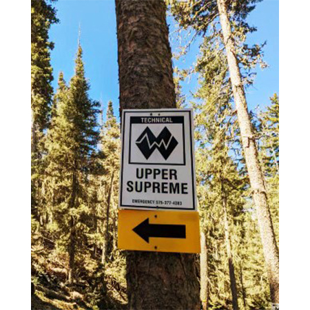 B156 12 x 18, Double Black Diamond Mountain Bike Trail Sign, Extremely Difficult, coroplast and 12 gauge sign grade aluminum sheeted with top quality, high performance print* or vinyl graphics, direct people in all trail systems, technical, cross-country, freeride, downhill, professional, difficulty levels, choose your symbol, custom, mountain bike risk and liability, safety, summer, trail, downhill.. Click to expand image
