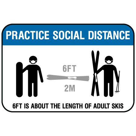 F181 Practice Physical Distance with skier symbol 18" x 12", white reflective aluminum physical distancing and covid sign with rounded corners - Inter-Mtn.. Click to expand image