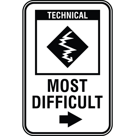 B231 12 x 18, Black Diamond Technical Mountain Bike Trail Sign, Most Difficult with Arrow, coroplast and 12 gauge sign grade aluminum sheeted with top quality, high performance print* or vinyl graphics, direct people in all trail systems, technical, cross-country, freeride, downhill, professional, difficulty levels, choose your symbol, custom, mountain bike risk and liability, safety, summer, trail, downhill.. Click to expand image