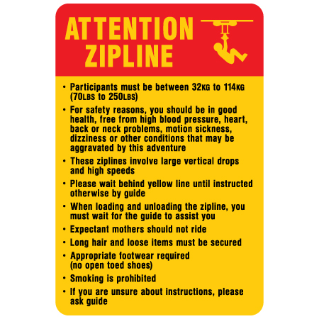 R401 Attention zipline safety rules, 24 x 36, Reflective Aluminum Sign, message for all parks and recreational facilities. Rules, conditions, and instructions of your specific area, jurisdiction, produced by Inter-Mtn.. Click to expand image