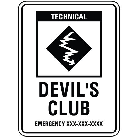 B228 18 x 24, Black Diamond Technical Mountain Bike Trail Sign, Devil's Club, Emergency #, coroplast and 12 gauge sign grade aluminum sheeted with top quality, high performance print* or vinyl graphics, direct people in all trail systems, technical, cross-country, freeride, downhill, professional, difficulty levels, choose your symbol, custom, mountain bike risk and liability, safety, summer, trail, downhill.. Click to expand image