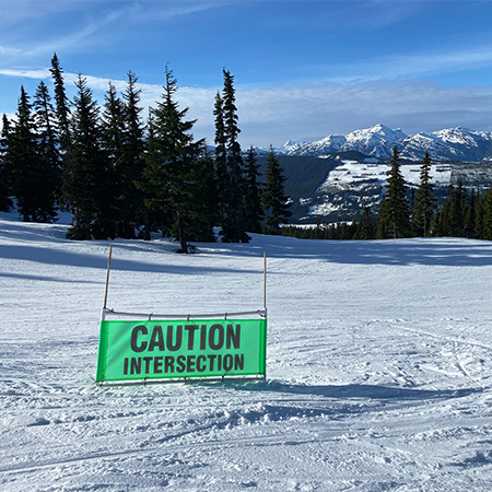 BH15 Caution Intersection, high visibility orange mesh banner 84x30, tear and mildew resistant high tenacity polyester, coated with fade resistant high vis orange vinyl, grommets and sleeves on sides for bamboo poles.. Click to expand image