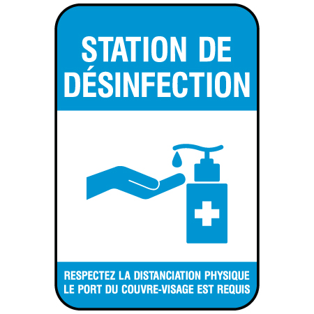 N005F Station De Desinfection, 12" x 18", white reflective aluminum physical distancing and covid sign with rounded corners - Inter-Mtn.. Click to expand image