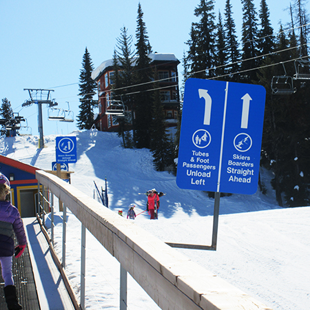L509 Skiers Boarders Straight Ahead, Foot Traffic Right (Provide Arrow Direction) 18" x 24" Blue Reflective Aluminum lift sign for ski areas - produced by Inter-Mtn.. Click to expand image