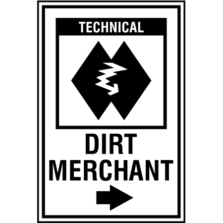 B233 12 x 18, Double Black Diamond Technical Mountain Bike Trail Sign, Dirt Merchant with Arrow, coroplast and 12 gauge sign grade aluminum sheeted with top quality, high performance print* or vinyl graphics, direct people in all trail systems, technical, cross-country, freeride, downhill, professional, difficulty levels, choose your symbol, custom, mountain bike risk and liability, safety, summer, trail, downhill.. Click to expand image
