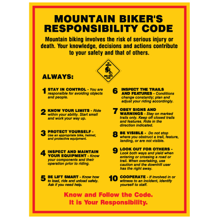 B705 Mountain Biker's Responsibility Code USA vs.2 18" x 24", White or yellow coroplast, 12 gauge sign grade aluminum sheeted with top quality prismatic reflective, high performance print or vinyl graphics, important information, liability, you assume the risk of injury, mountain bike, bike park, trail sign.. Click to expand image