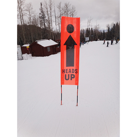 BV08 Heads Up, high visibility orange vertical mesh banner 18x60, high visibility orange mesh banner 84x30, tear and mildew resistant high tenacity polyester, coated with fade resistant high vis orange vinyl, grommets and sleeves on sides for bamboo poles.. Click to expand image
