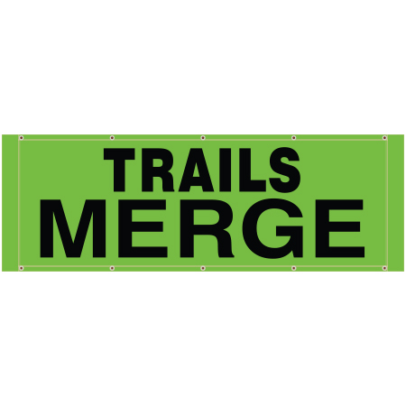 BH02 trails merge, high visibility green mesh banner 84x30, tear and mildew resistant high tenacity polyester, coated with fade resistant high vis green vinyl, grommets and sleeves on sides for bamboo poles. Click to expand image