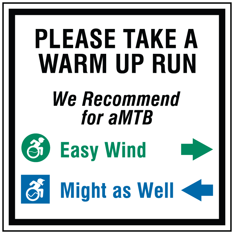 Warm up to trail designation. Signage for adaptive mountain biking technical trails shows trail designation. The aMTB symbol indicates accessibility for adaptive bikes/riders on adaptive bike-friendly aMTB trails on trail networks.. Click to expand image