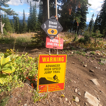 B614, 18 x 24, warning, advanced high speed jump trail, not suitable for beginner or intermediate riders, Mountain bike risk and liability, safety, summer, trail, downhill, available on white or yellow coroplast and 12 gauge sign grade aluminum sheeted with top quality, high performance print* or vinyl graphics.. Click to expand image