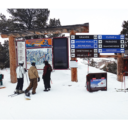 Inter-Mtn.’s graphic artists specialize in custom designing maps that highlight individual ski area features, kid centres, and/or
terrain parks. Using digital printing technology and high-end materials, the maps we supply are durable in the extreme outdoor environments.. Click to expand image