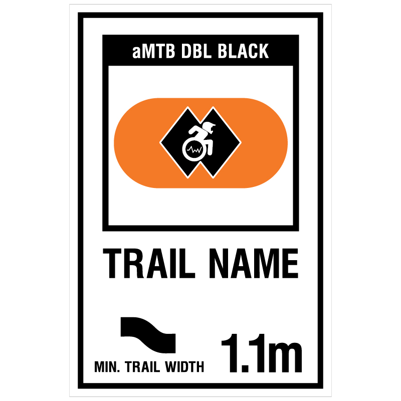 aMTB DBL Black - Expert trail features not suitable for some adaptive equipment. Signage for adaptive mountain biking freeride trails shows trail designation surrounded by an orange pill. The aMTB symbol indicates accessibility for adaptive bikes/riders on adaptive bike-friendly aMTB trails on trail networks.
