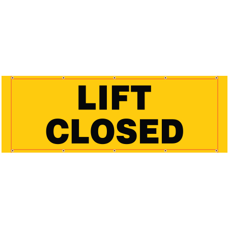 BH14 Lift Closed, high visibility yellow mesh banner 84x30, tear and mildew resistant high tenacity polyester, coated with fade resistant bright yellow vinyl, grommets and sleeves on sides for bamboo poles. Click to expand image