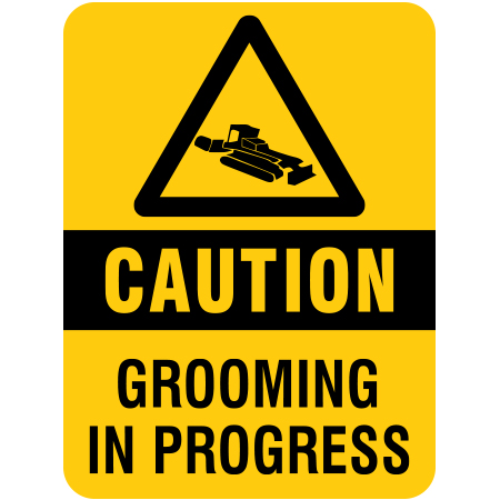 H500 18" x 24" Caution Grooming in Progress, yellow reflective aluminum closure sign with rounded corners - ski area sign - Inter-Mtn.. Click to expand image