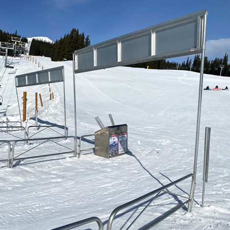 14 foot long Aluminium Overheads for Maze Gates - includes 18" tall sign frame, 2-3 of 10 x 1 1/4" diameter round foot poles and maze gate adapters for 3-6 gates.. Click to expand image