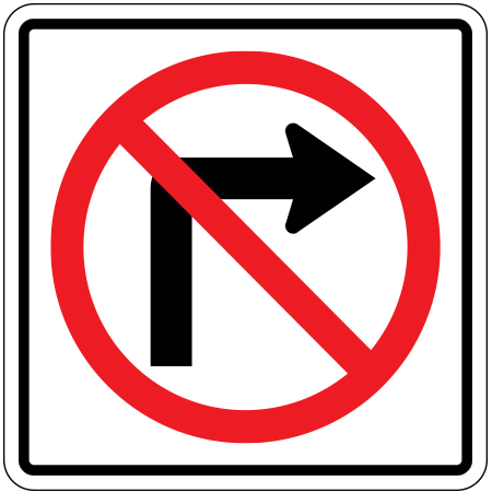 R-015 No right turn, 18 x 18, 24 x 24. Reflective aluminum, traffic sign for all parks, recreational facilities, municipal, city, town. Rules and conditions of your specific area, jurisdiction, produced by Inter-Mtn.. Click to expand image