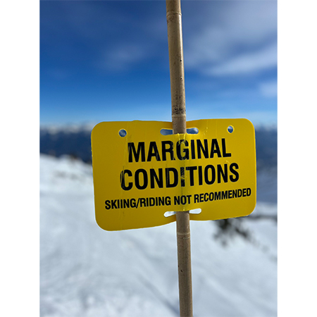 D21 Marginal Conditions Skiing Riding Not Recommended, Yellow Rectangle Discs 11.5 x 7, polythylene disc, UV protected and cost effective marking signs, holes on top to hang from rope, slots top and bottom to fit over bamboo poles, trail and ability markers.. Click to expand image
