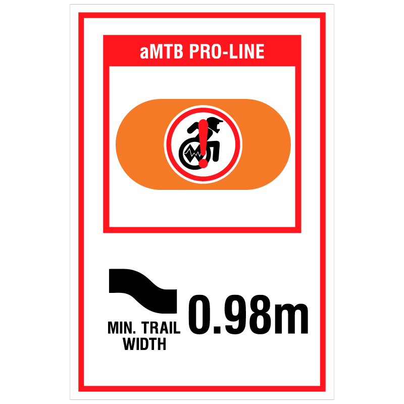 aMTB Pro-Line - Extreme trail features not suitable for most adaptive equipment. Signage for adaptive mountain biking freeride trails shows trail designation surrounded by an orange pill. The aMTB symbol indicates accessibility for adaptive bikes/riders on adaptive bike-friendly aMTB trails on trail networks.