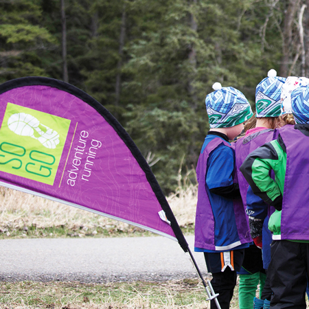 Flying banners are highly visible and portable instant advertising. Used for special events, ski races, kid centres, ski school, village accents, meeting places, mountain bike competitions, hotel entrances, golf courses, and tradeshows. Made by Inter-Mtn. Enterprises.. Click to expand image
