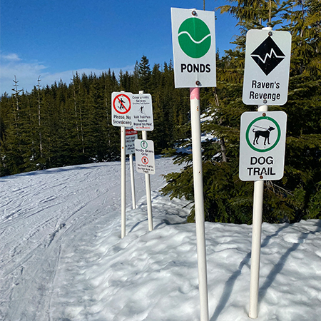 W152 Green Nordic with Custom Trail Name 18" x 24", white reflective aluminum nordic sign with rounded corners. W154 Black Nordic with Custom Trail Name 18" x 24", white reflective aluminum nordic sign with rounded corners. W207 Dog Trail 18" x 24", White reflective aluminum winter adventure sign with rounded corners - ski area sign - Inter-Mtn.. Click to expand image
