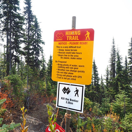 B163 12 x 12, 18 x 18, Black Diamond Hiking Trail Sign, Trail to Lookout, coroplast and 12 gauge sign grade aluminum sheeted with top quality, high performance print* or vinyl graphics, direct people in all trail systems, technical, cross-country, freeride, downhill, professional, difficulty levels, choose your symbol, custom, mountain bike risk and liability, safety, summer, trail, downhill.. Click to expand image