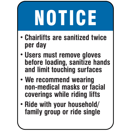 F163 COVID 19 Prevention Measures for Chairlift 18" x 24", white reflective aluminum physical distancing and covid sign with rounded corners - Inter-Mtn.. Click to expand image