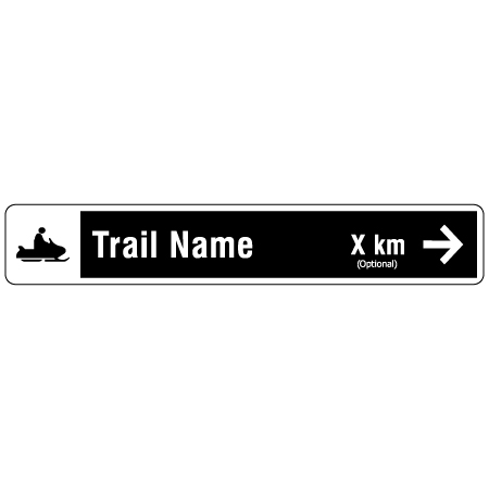 Trail sign 36" x 6" with snowmobile icon with Trail Name and an arrow with distance. Click to expand image
