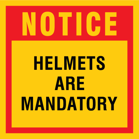 B303, 18 x 18, 12 x 12, notice helmets are mandatory, Mountain bike risk and liability, safety, summer, trail, downhill, available on white or yellow coroplast and 12 gauge sign grade aluminum sheeted with top quality, high performance print* or vinyl graphics.. Click to expand image