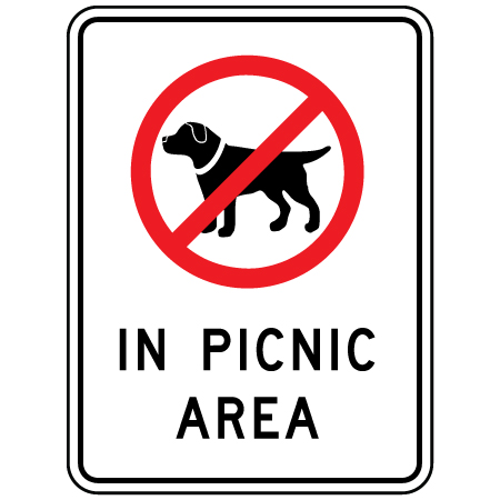 PS-052 No dogs in picnic area, 18 x 24. Reflective aluminum, pedestrian sign for all parks, recreational facilities, municipal, city, town. Rules and conditions of your specific area, jurisdiction, produced by Inter-Mtn.. Click to expand image