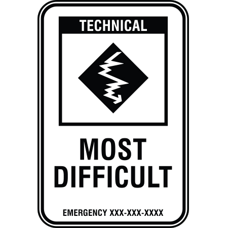 B230 12 x 18, Black Diamond Technical Mountain Bike Trail Sign, Most Difficult, Emergency #, coroplast and 12 gauge sign grade aluminum sheeted with top quality, high performance print* or vinyl graphics, direct people in all trail systems, technical, cross-country, freeride, downhill, professional, difficulty levels, choose your symbol, custom, mountain bike risk and liability, safety, summer, trail, downhill.. Click to expand image