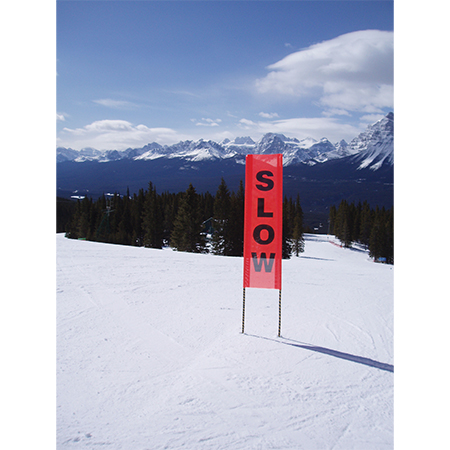 BV02 Slow, high visibility orange vertical mesh banner 18x60, high visibility orange mesh banner 84x30, tear and mildew resistant high tenacity polyester, coated with fade resistant high vis orange vinyl, grommets and sleeves on sides for bamboo poles.. Click to expand image