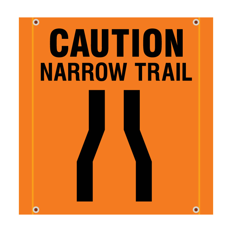 Caution Trails Merge - square banner for Ski Resorts, Bike Parks, and outdoor recreation. Made of hi vis mesh, tear and mildew resistant high tenacity polyester, coated with fade resistant high vis orange vinyl, grommets and sleeves on sides for bamboo poles. Click to expand image