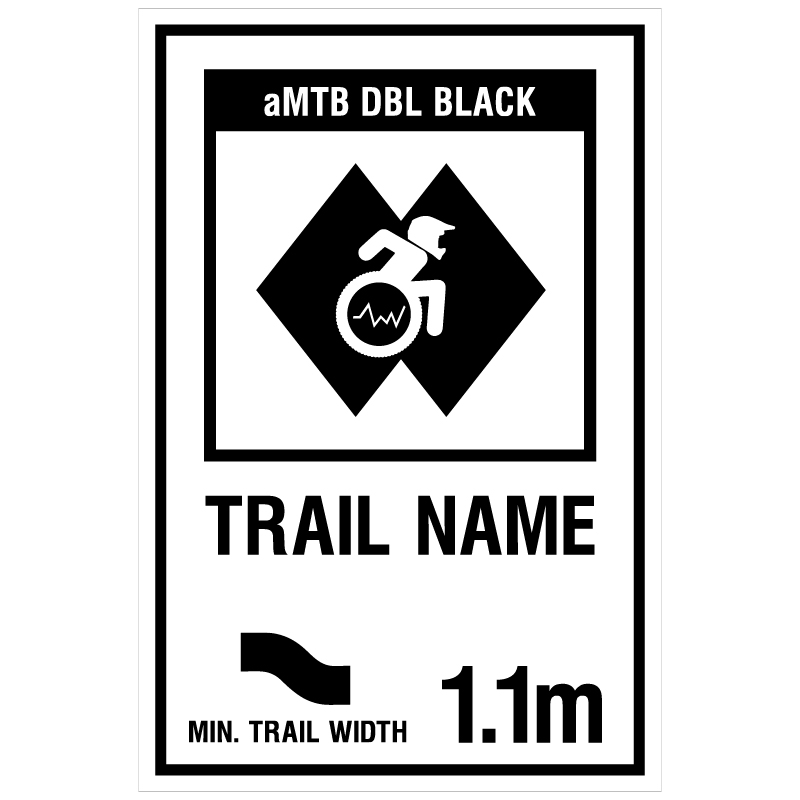 aMTB DBL Black - Expert trail features not suitable for some adaptive equipment. Signage for adaptive mountain biking technical trails shows trail designation. The aMTB symbol indicates accessibility for adaptive bikes/riders on adaptive bike-friendly aMTB trails on trail networks.
