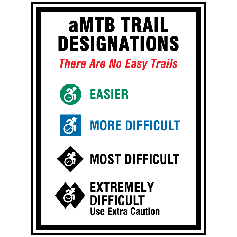 aMTB trail designation. Signage for adaptive mountain biking technical trails shows trail designation. The aMTB symbol indicates accessibility for adaptive bikes/riders on adaptive bike-friendly aMTB trails on trail networks.. Click to expand image