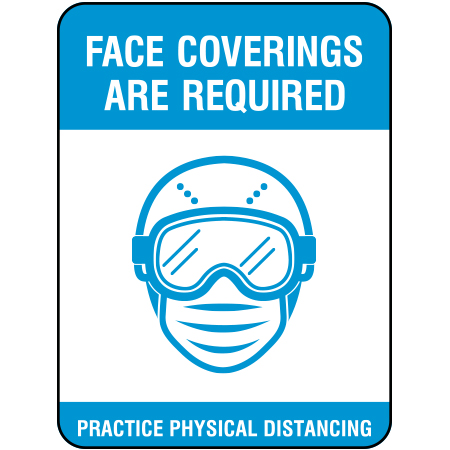 N011 Face Coverings Are Required 18" x 24", white reflective aluminum physical distancing and covid sign with rounded corners - Inter-Mtn.. Click to expand image