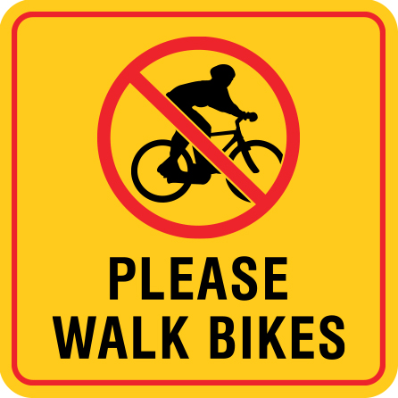B321, 18 x 18, 12 x 12, please walk bikes, Mountain bike risk and liability, safety, summer, trail, downhill, available on white or yellow coroplast and 12 gauge sign grade aluminum sheeted with top quality, high performance print* or vinyl graphics.. Click to expand image