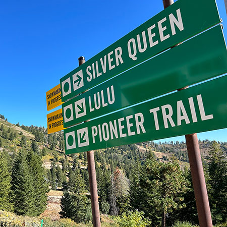 The extended version of Inter-Mtn.'s new Trail Sign Extender at Bogus Basin Sept 2024. This flip-out sign is easy to use and advises guests if Snowmaking is in Progress. Click to expand image