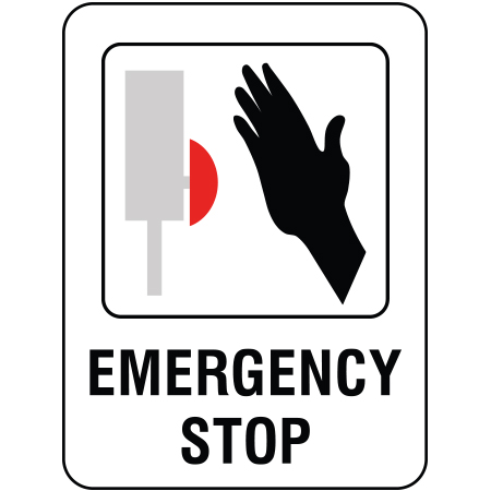 L221 Emergency Stop 18" x 24" White Reflective Aluminum lift sign for ski areas - produced by Inter-Mtn.. Click to expand image