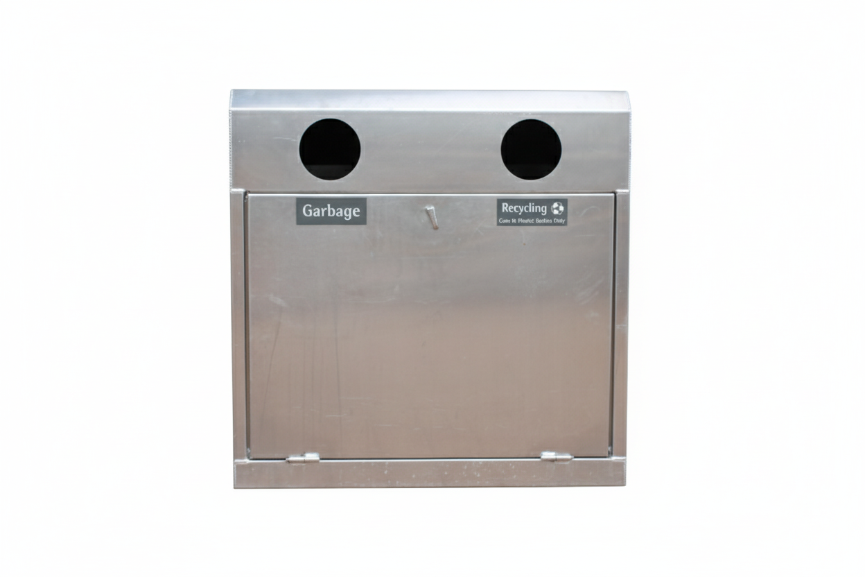 This aluminum waste station is a great fit for ski resorts, food-service areas, and village bases. The three-hole design supports multiple waste streams—commonly used for garbage, recycling, compost, or organics. Optional decals can be added to clearly identify each of the three holes, helping guests sort plastic, glass, paper, or landfill waste with ease. Click to expand image