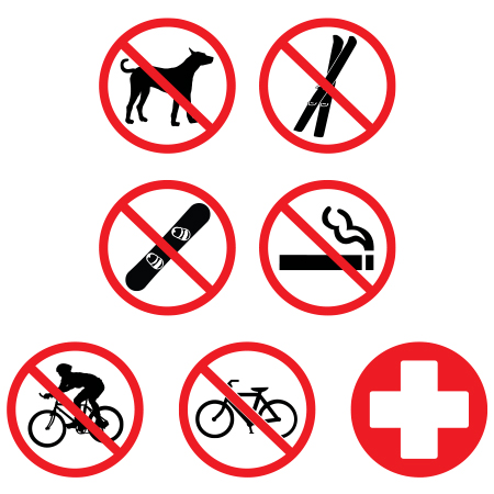 G300 Symbol Circle Decals - 3.75" x 3.75" Full Colour High Performance Print or Reflective Print with Protective Laminate Symbols A - G No Dogs , No Skis, No Snowboards , No Smoking , No Cycling , No Bikes , Emergency Medical. Click to expand image