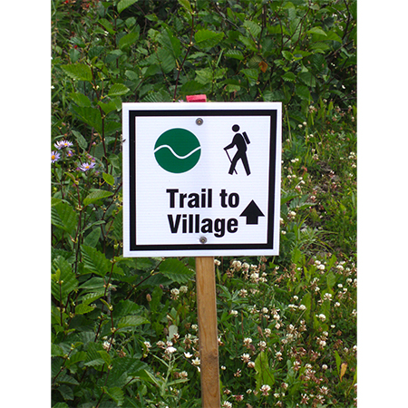 B161 12 x 12, 18 x 18, Green Hiking Trail Sign, Trail to Village, coroplast and 12 gauge sign grade aluminum sheeted with top quality, high performance print* or vinyl graphics, direct people in all trail systems, technical, cross-country, freeride, downhill, professional, difficulty levels, choose your symbol, custom, mountain bike risk and liability, safety, summer, trail, downhill.. Click to expand image