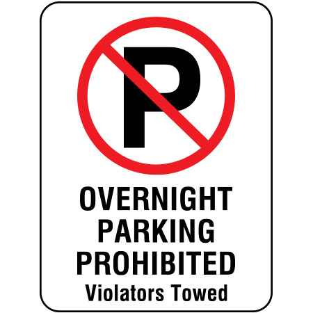 S120 Overnight parking prohibited, 18 x 24. Reflective aluminum, traffic sign for all parks, recreational facilities, municipal, city, town. Rules and conditions of your specific area, jurisdiction, produced by Inter-Mtn.. Click to expand image
