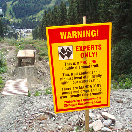 B607, 18 x 24, warning experts only, pro line double diamond trail, highest level difficulty, Mountain bike risk and liability, safety, summer, trail, downhill, available on white or yellow coroplast and 12 gauge sign grade aluminum sheeted with top quality, high performance print* or vinyl graphics.. Click to expand image