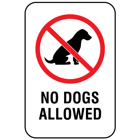 S201 No Dogs Allowed 12" x 18" White Reflective Aluminum Sign for ski areas produced by Inter-Mtn.. Click to expand image