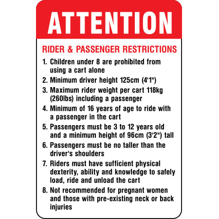 Attention sign outlining rider and passenger restrictions including age, height, and weight requirements.. Click to expand image