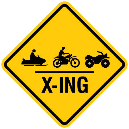 snowmobile, bike, and ATV crossing sign for snowmobile clubs and outdoor recreation by Inter-Mtn.