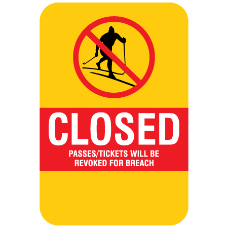 W120 Closed - Nordic 12" x 18", yellow reflective aluminum nordic sign with rounded corners - ski area sign - Inter-Mtn.. Click to expand image