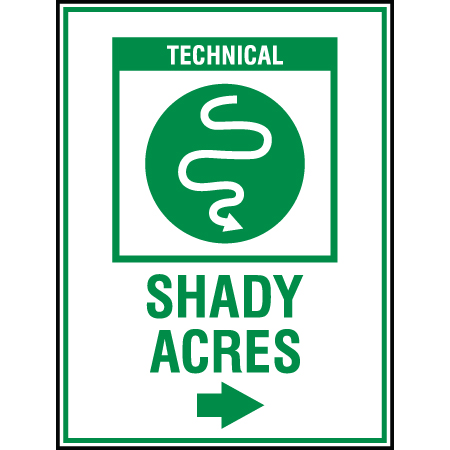 B221 18 x 24, Green Technical Mountain Bike Trail Sign, Shady Acres with Arrow, coroplast and 12 gauge sign grade aluminum sheeted with top quality, high performance print* or vinyl graphics, direct people in all trail systems, technical, cross-country, freeride, downhill, professional, difficulty levels, choose your symbol, custom, mountain bike risk and liability, safety, summer, trail, downhill.. Click to expand image