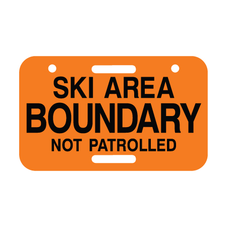 D01 ski area boundary not patrolled, 11.5 x 7 orange rectangle polythylene disc, UV protected and cost effective marking signs, holes on top to hang from rope, slots top and bottom to fit over bamboo poles, trail and ability markers. Click to expand image